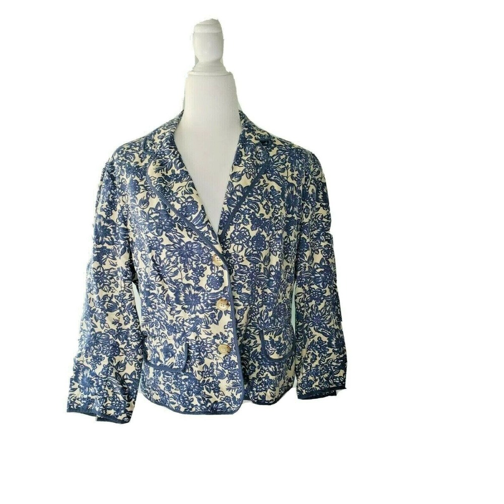 Eddie Bauer Women’s 16 Floral Print Linen Blend Jacket Button Blazer Blue Cream